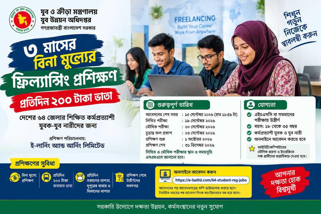 সরকারি ফ্রিল্যান্সিং প্রশিক্ষণে আবেদন, ৩ মাসে প্রতিদিন ২০০ টাকা ভাতা